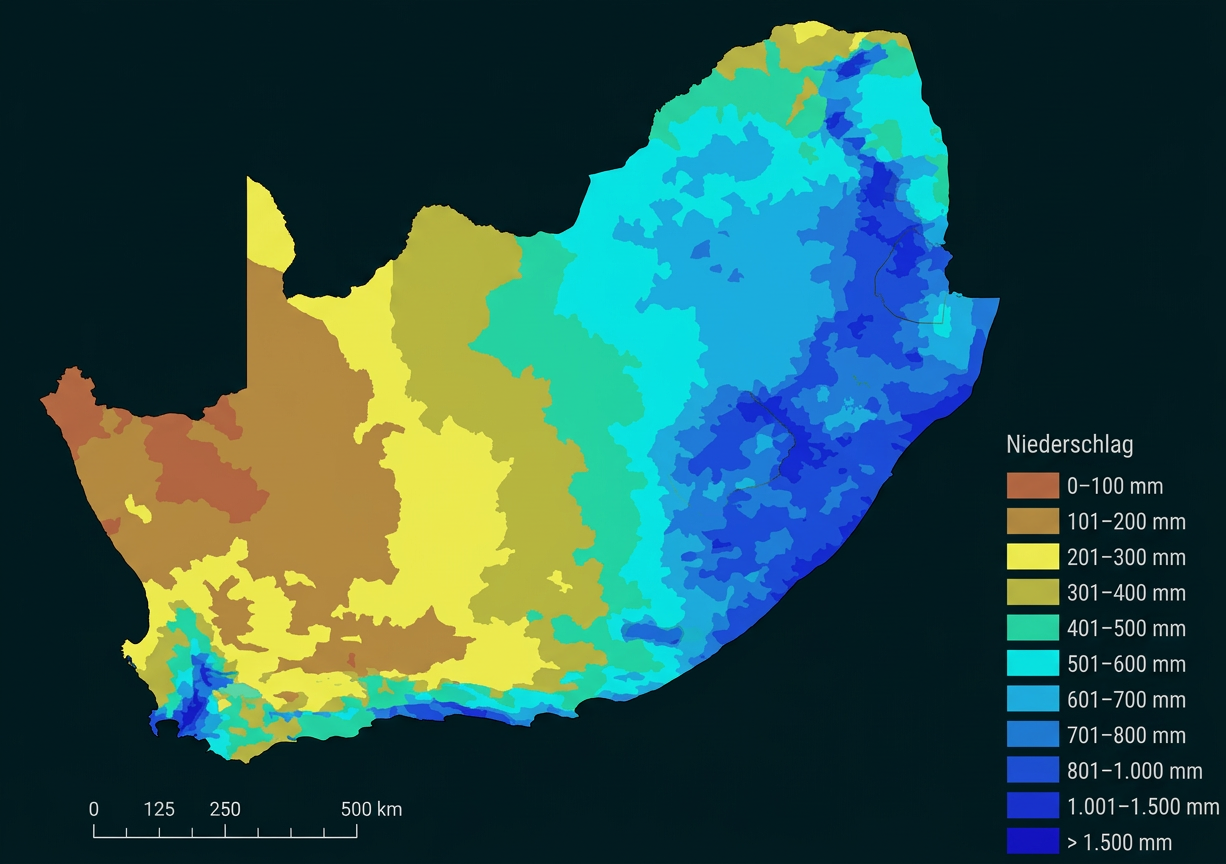 Karte der Niederschlagsverteilung in Südafrika in Millimetern.
